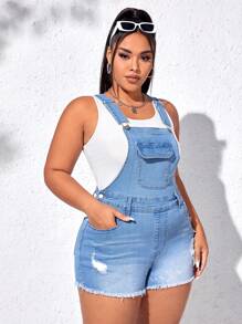 SHEIN Qutie Quần áo denim có kích thước lớn Nút Túi Hem thô Bị tách màu trơn Giải trí - Rửa nhẹ - Xem 5