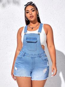 SHEIN Qutie Quần áo denim có kích thước lớn Nút Túi Hem thô Bị tách màu trơn Giải trí - Rửa nhẹ - Xem 6