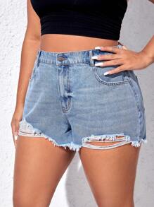 SHEIN EZwear Plus Ripped Raw Hem Denim Shorts - Light Wash - View 3