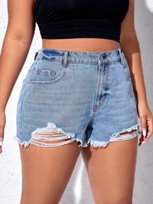 SHEIN EZwear Plus Ripped Raw Hem Denim Shorts - Light Wash - View 5