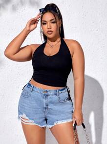 SHEIN EZwear Plus Ripped Raw Hem Denim Shorts - Light Wash - View 6