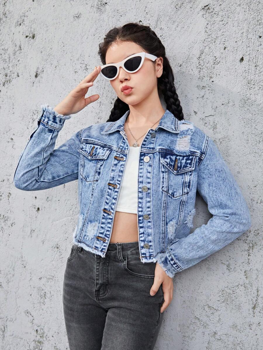 Teen Girls Ripped Raw Hem Crop Denim Jacket - Light Wash - View 1