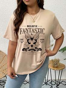 SHEIN Unity Plus Butterfly & Slogan Graphic Tee - Apricot - View 1