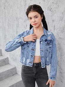 Teen Girls Ripped Raw Hem Crop Denim Jacket - Light Wash - View 3
