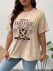 SHEIN Unity Plus Butterfly & Slogan Graphic Tee - Apricot - View 3