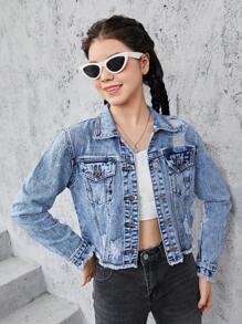 Teen Girls Ripped Raw Hem Crop Denim Jacket - Light Wash - View 4