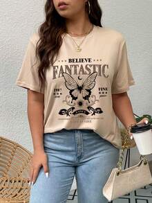 SHEIN Unity Plus Butterfly & Slogan Graphic Tee - Apricot - View 4