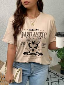 SHEIN Unity Plus Butterfly & Slogan Graphic Tee - Apricot - View 5