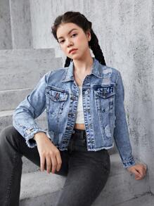 Teen Girls Ripped Raw Hem Crop Denim Jacket - Light Wash - View 5