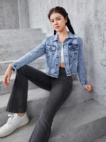 Teen Girls Ripped Raw Hem Crop Denim Jacket - Light Wash - View 6