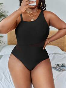 Slaydiva Summer Beach Plus Contrast Mesh Asymmetrical Neck One Piece Swimsuit - Black - View 1