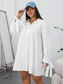 Solflare Plus Knot Cuff Button Front Shirt Dress