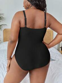 Slaydiva Summer Beach Plus Contrast Mesh Asymmetrical Neck One Piece Swimsuit - Black - View 2