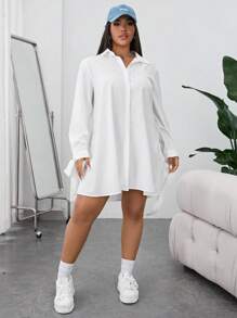 Solflare Plus Knot Cuff Button Front Shirt Dress