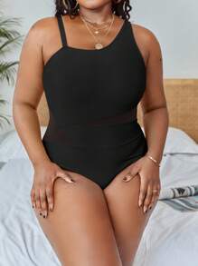 Slaydiva Summer Beach Plus Contrast Mesh Asymmetrical Neck One Piece Swimsuit - Black - View 3