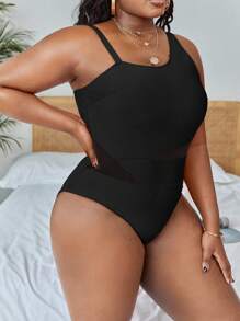 Slaydiva Summer Beach Plus Contrast Mesh Asymmetrical Neck One Piece Swimsuit - Black - View 5