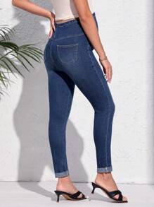 SHEIN Maternidad Jeans ajustados desgarro con estampado de letra - Azul lavado oscuro - Ver 2