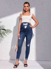 SHEIN Maternidad Jeans ajustados desgarro con estampado de letra - Azul lavado oscuro - Ver 5