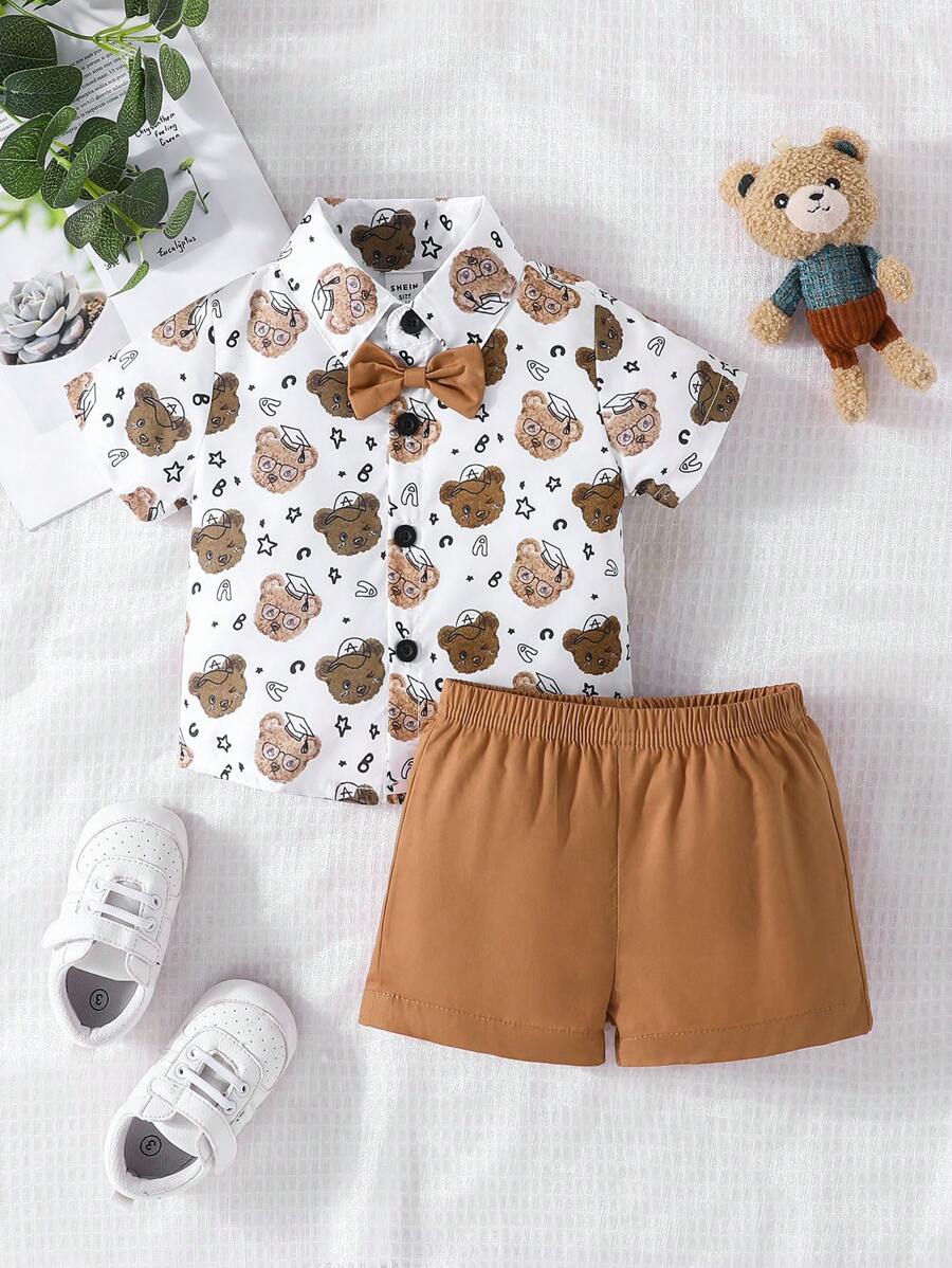 Baby Boy Bear Print Bow Front Shirt & Shorts - Multicolor - View 1