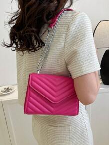 迷你螢光紅鋸齒紋絎縫方形包翻蓋鏈條 - 玫紅色 - 查看 2