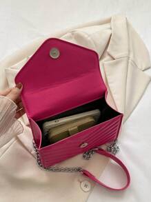 迷你螢光紅鋸齒紋絎縫方形包翻蓋鏈條 - 玫紅色 - 查看 3