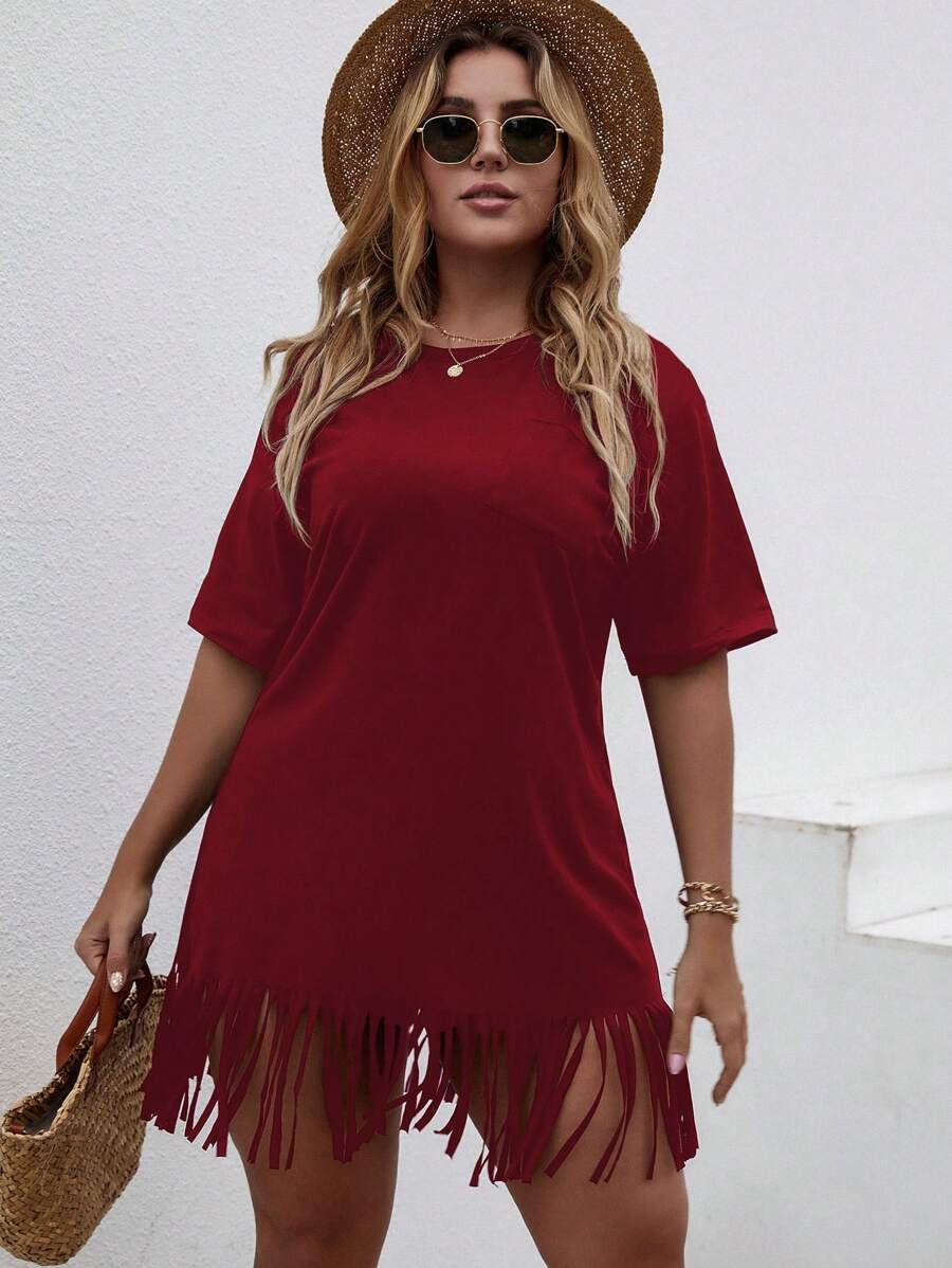 SHEIN VCAY Đầm Plus Size mép màu trơn Giải trí - Màu Đỏ Sâu - Xem 1