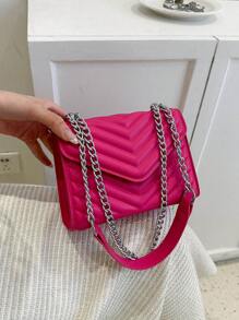 迷你螢光紅鋸齒紋絎縫方形包翻蓋鏈條 - 玫紅色 - 查看 4