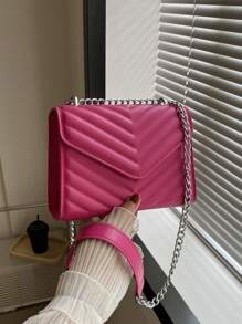 迷你螢光紅鋸齒紋絎縫方形包翻蓋鏈條 - 玫紅色 - 查看 5