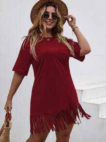 SHEIN VCAY Đầm Plus Size mép màu trơn Giải trí - Màu Đỏ Sâu - Xem 3