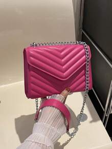 迷你螢光紅鋸齒紋絎縫方形包翻蓋鏈條 - 玫紅色 - 查看 6