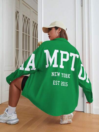 SHEIN EZwear 大碼字母圖案落肩袖襯衫不附吊帶上衣