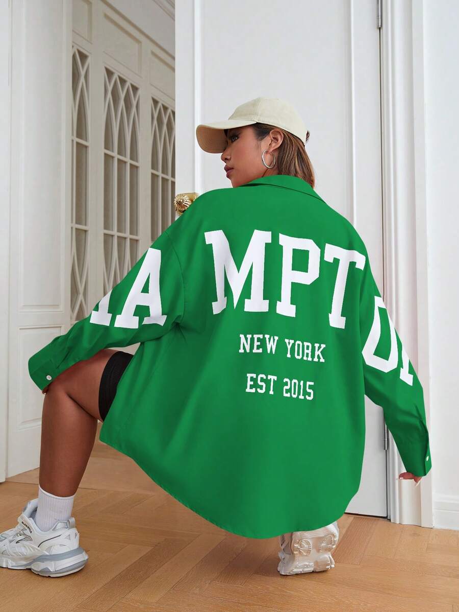 SHEIN EZwear Plus Letter Graphic Drop Shoulder Shirt Without Cami Top - Green - View 1