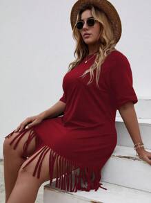 SHEIN VCAY Đầm Plus Size mép màu trơn Giải trí - Màu Đỏ Sâu - Xem 5
