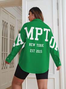 SHEIN EZwear Plus Letter Graphic Drop Shoulder Shirt Without Cami Top - Green - View 4