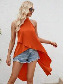 SHEIN Clasi Solid High Low Hem Halter Neck Top - Orange - View 4