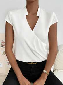 SHEIN Privé Áo sơ mi nữ Trọn gói màu trơn Giải trí - trắng - Xem 1