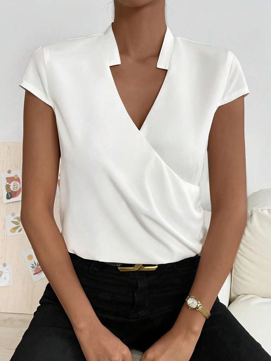 SHEIN Privé Áo sơ mi nữ Trọn gói màu trơn Giải trí - trắng - Xem 1