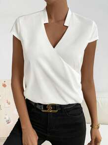 SHEIN Privé Áo sơ mi nữ Trọn gói màu trơn Giải trí - trắng - Xem 3