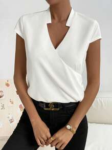 SHEIN Privé Áo sơ mi nữ Trọn gói màu trơn Giải trí - trắng - Xem 4