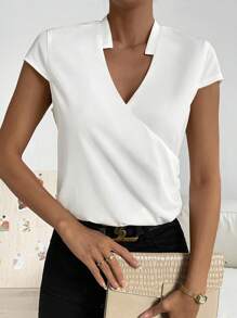 SHEIN Privé Áo sơ mi nữ Trọn gói màu trơn Giải trí - trắng - Xem 5