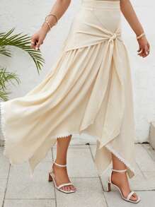 SHEIN VCAY Asymmetrisk Knut Famsida Knut Enkel Enkel Kjol - Aprikos - Visa 5