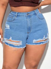 SHEIN SXY Hơn Quần short denim với các đường viền thô rách - Rửa nhẹ - Xem 3