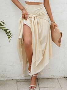 SHEIN VCAY Asymmetrisk Knut Famsida Knut Enkel Enkel Kjol - Aprikos - Visa 6