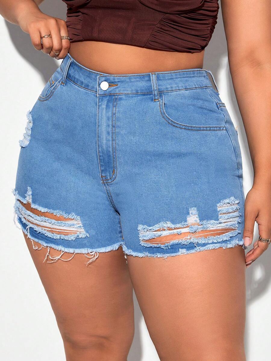 SHEIN SXY Hơn Quần short denim với các đường viền thô rách - Rửa nhẹ - Xem 1