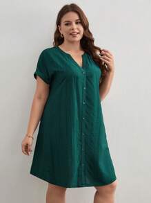 SHEIN Frenchy 大碼素色前紐扣蝙蝠袖連衣裙 - 墨綠色 - 查看 3