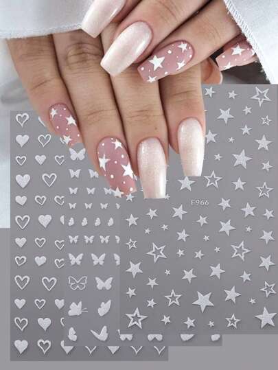 3pcs Shiny Silver Star Nail Stickers, Holographic Star Butterfly Heart Nail Art Decals, 3D Sliding Nail Stickers DIY Nails Nail Supplies