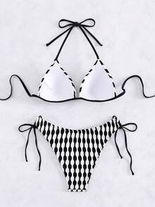 撞色吊脖三角形側繫帶比基尼泳裝 - 黑與白 - 查看 5