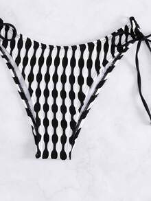 撞色吊脖三角形側繫帶比基尼泳裝 - 黑與白 - 查看 6