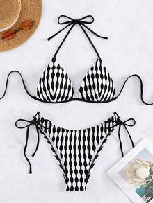 撞色吊脖三角形側繫帶比基尼泳裝 - 黑與白 - 查看 7