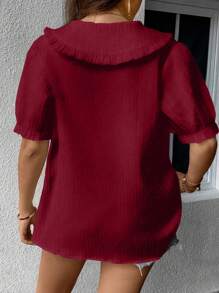 Flirla Áo sơ mi Plus Size viền lá sen Thắt nơ trước Nút phía trước màu trơn Dễ thương - Màu Đỏ Sâu - Xem 2